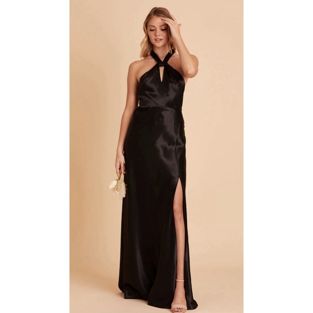 Birdy Grey Black Satin Halter Neck Maxi Dress Womens Medium Homecoming Gown Slit